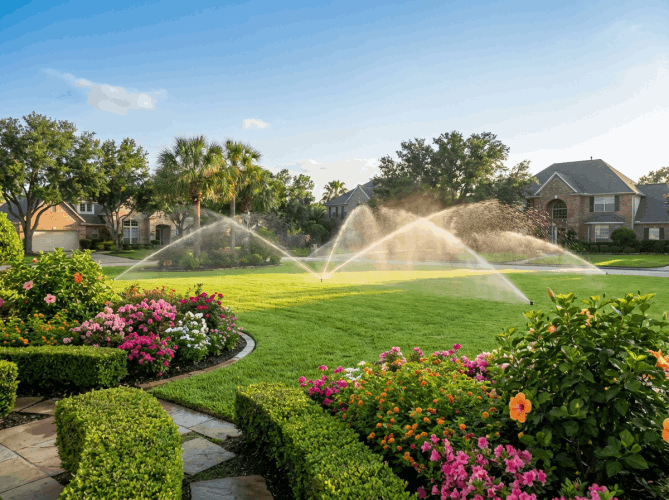 Elite backyard retreat in Port Neches with structural sod installation and custom flower garden designs by Olguin Bros. Landscaping.
