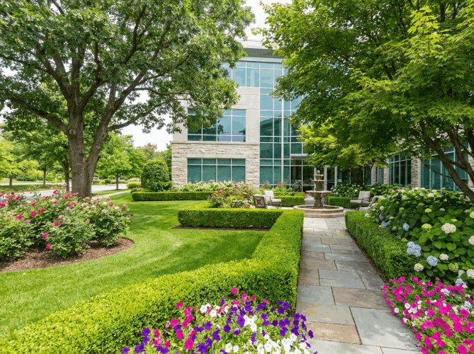 High-end industrial landscaping and maintenance for corporate complexes in Baytown, featuring expert irrigation and professional lawn care by Olguin Bros. Landscaping.